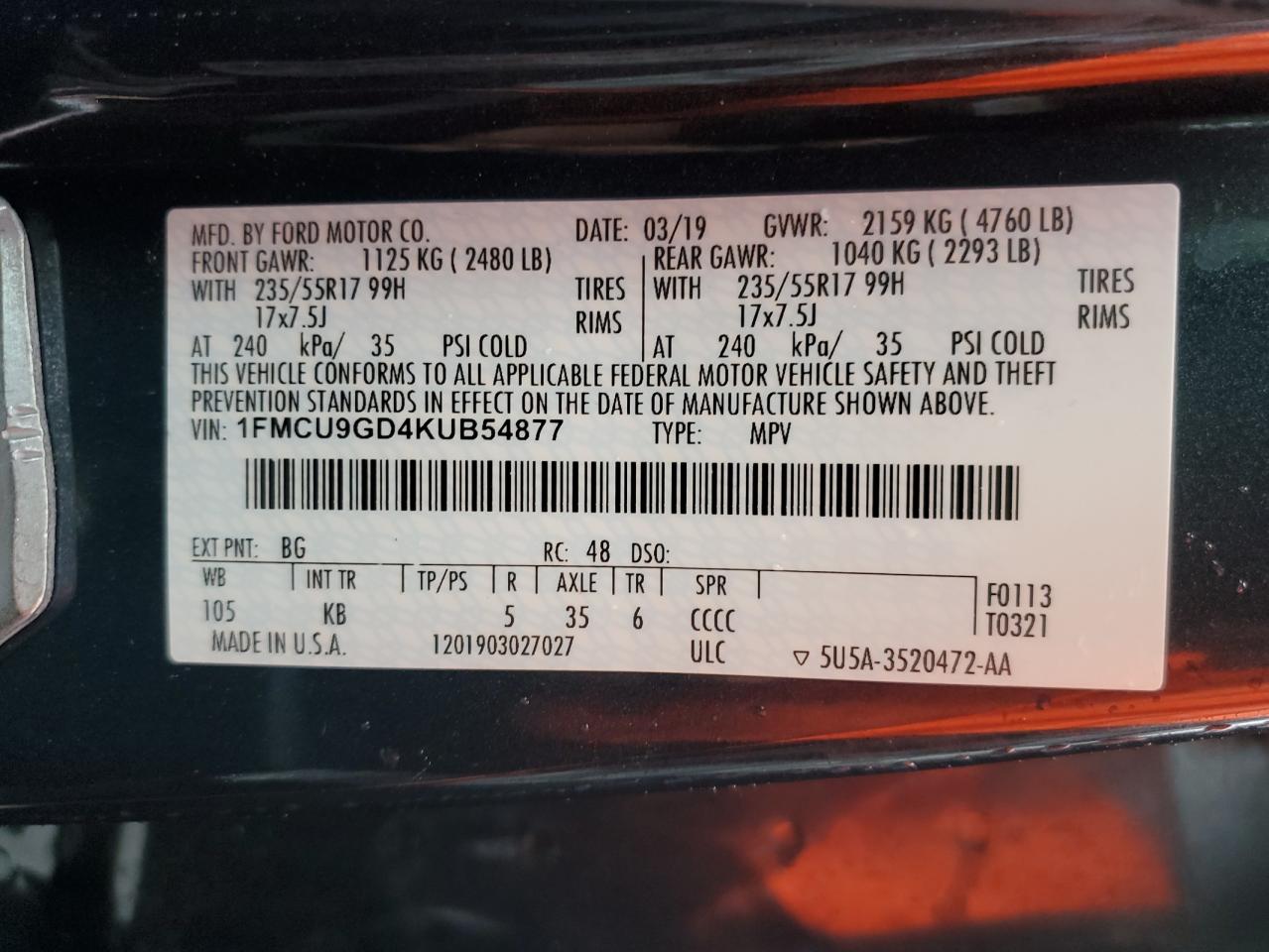 Photo 11 VIN: 1FMCU9GD4KUB54877 - FORD ESCAPE 