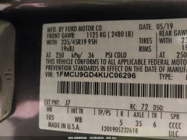 Photo 8 VIN: 1FMCU9GD4KUC06296 - FORD ESCAPE 