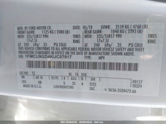 Photo 8 VIN: 1FMCU9GD4KUC07917 - FORD ESCAPE 