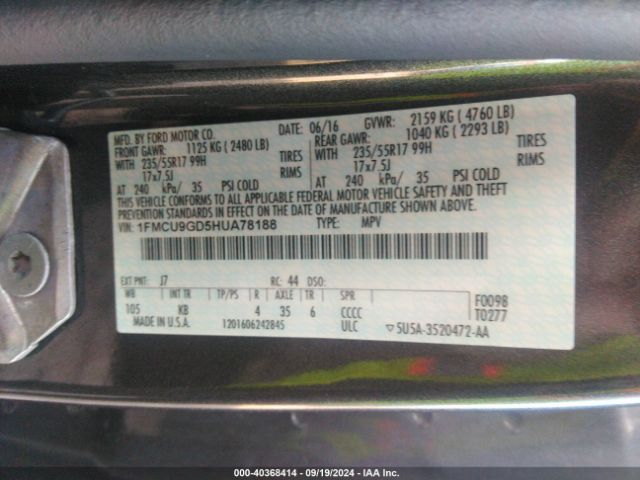 Photo 8 VIN: 1FMCU9GD5HUA78188 - FORD ESCAPE 