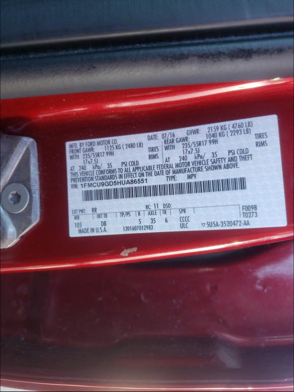 Photo 9 VIN: 1FMCU9GD5HUA86551 - FORD ESCAPE SE 