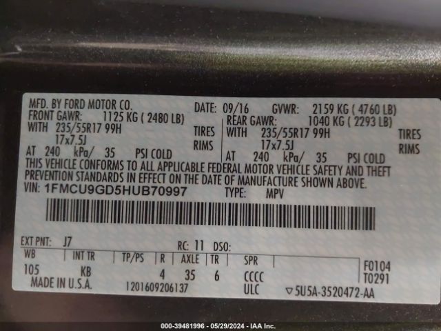 Photo 8 VIN: 1FMCU9GD5HUB70997 - FORD ESCAPE 