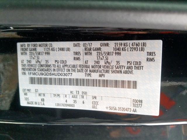 Photo 9 VIN: 1FMCU9GD5HUD03077 - FORD ESCAPE SE 