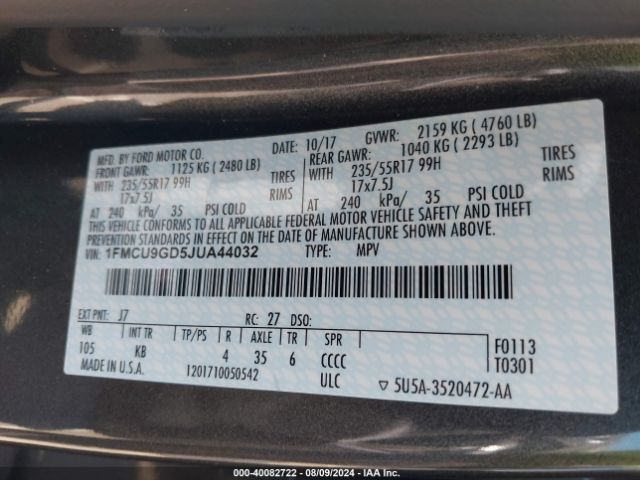 Photo 8 VIN: 1FMCU9GD5JUA44032 - FORD ESCAPE 