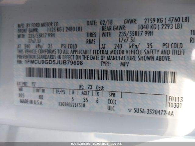 Photo 8 VIN: 1FMCU9GD5JUB79608 - FORD ESCAPE 