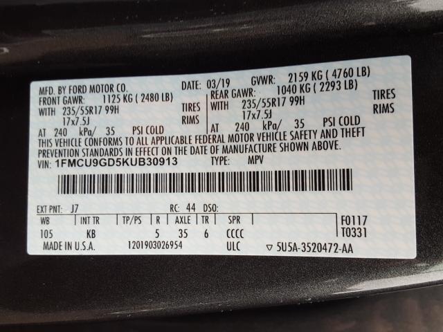 Photo 9 VIN: 1FMCU9GD5KUB30913 - FORD ESCAPE SE 