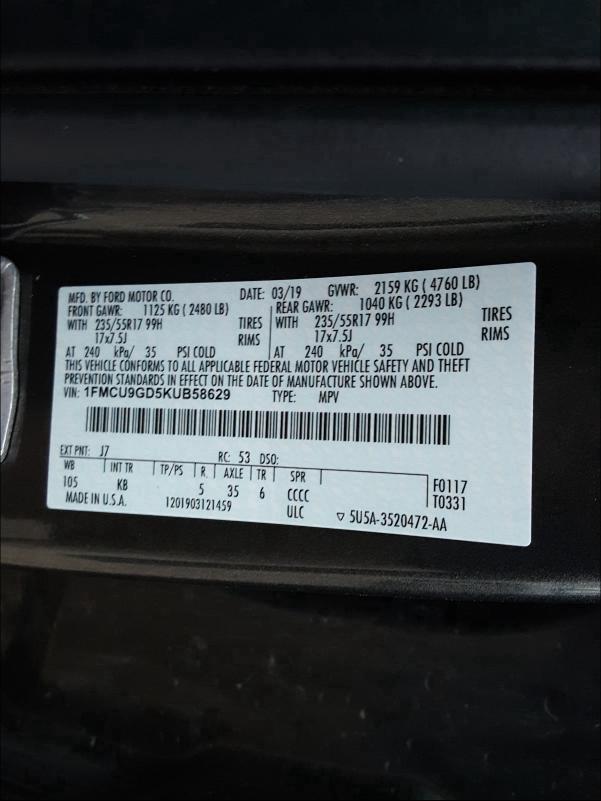 Photo 9 VIN: 1FMCU9GD5KUB58629 - FORD ESCAPE SE 