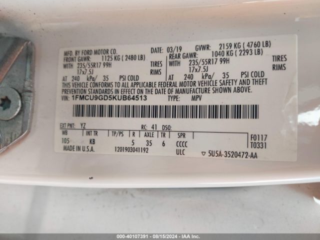 Photo 8 VIN: 1FMCU9GD5KUB64513 - FORD ESCAPE 