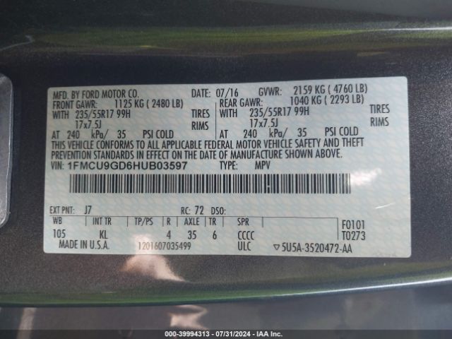 Photo 8 VIN: 1FMCU9GD6HUB03597 - FORD ESCAPE 