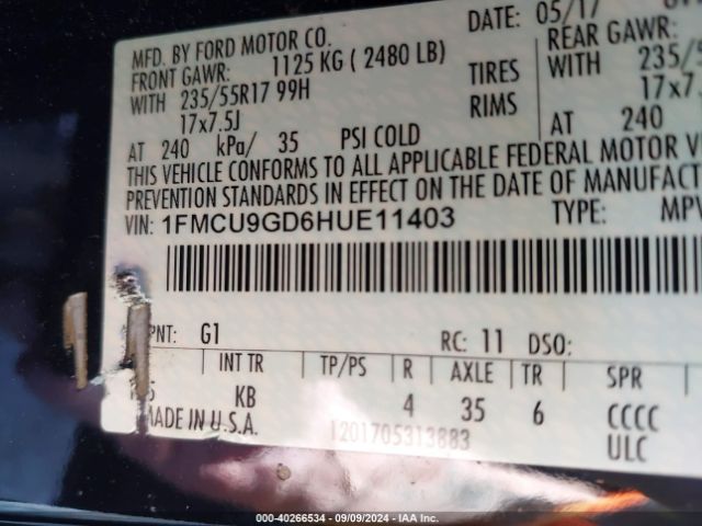 Photo 8 VIN: 1FMCU9GD6HUE11403 - FORD ESCAPE 