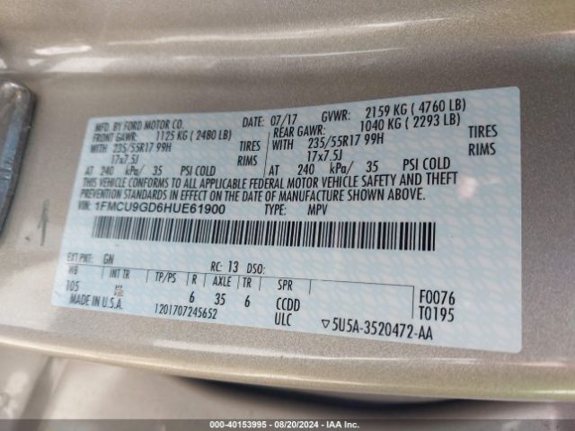 Photo 8 VIN: 1FMCU9GD6HUE61900 - FORD ESCAPE 