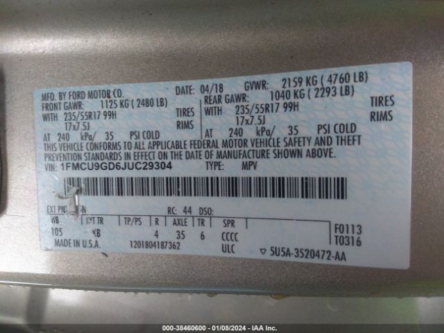 Photo 8 VIN: 1FMCU9GD6JUC29304 - FORD ESCAPE 