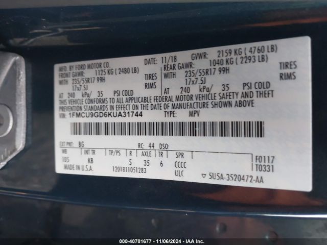 Photo 8 VIN: 1FMCU9GD6KUA31744 - FORD ESCAPE 