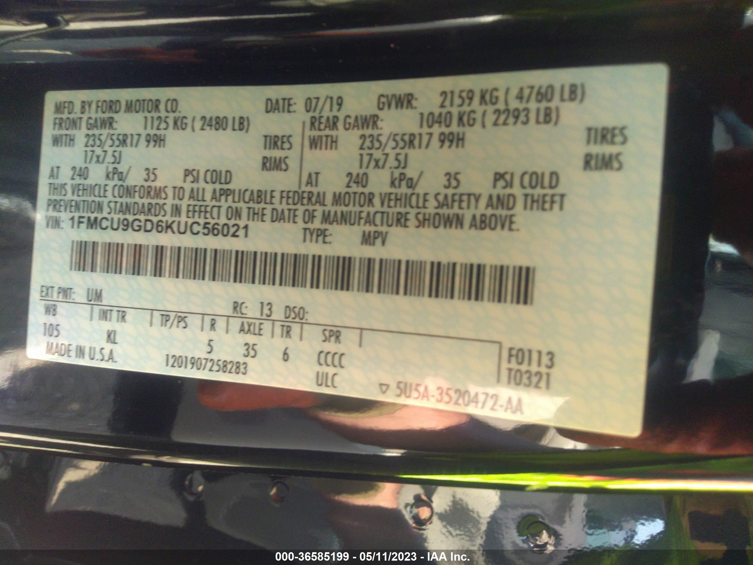 Photo 8 VIN: 1FMCU9GD6KUC56021 - FORD ESCAPE 