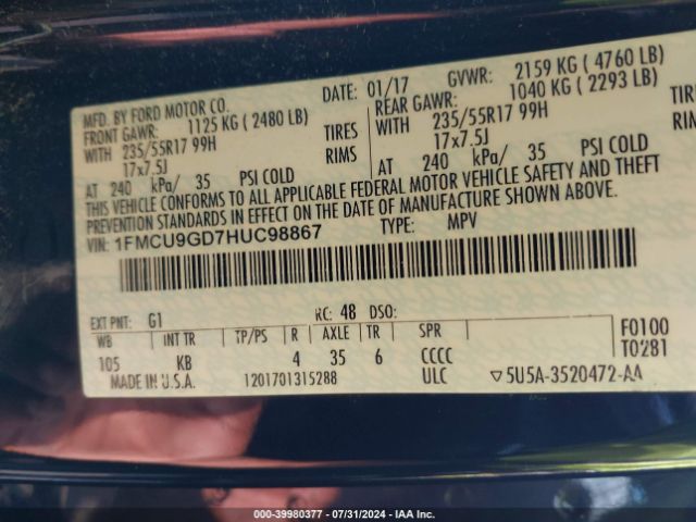 Photo 8 VIN: 1FMCU9GD7HUC98867 - FORD ESCAPE 