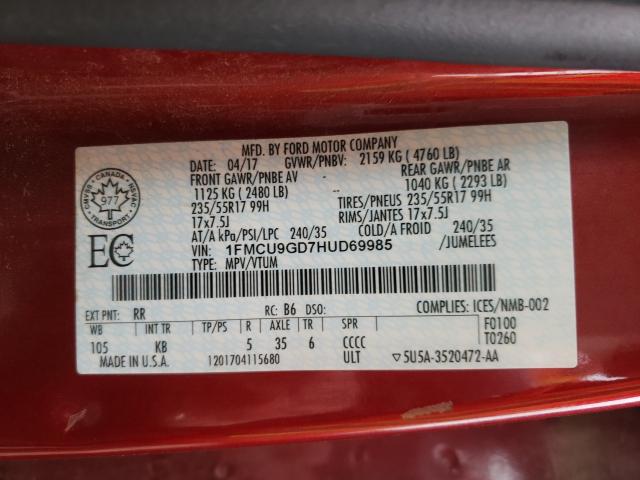 Photo 9 VIN: 1FMCU9GD7HUD69985 - FORD ESCAPE SE 