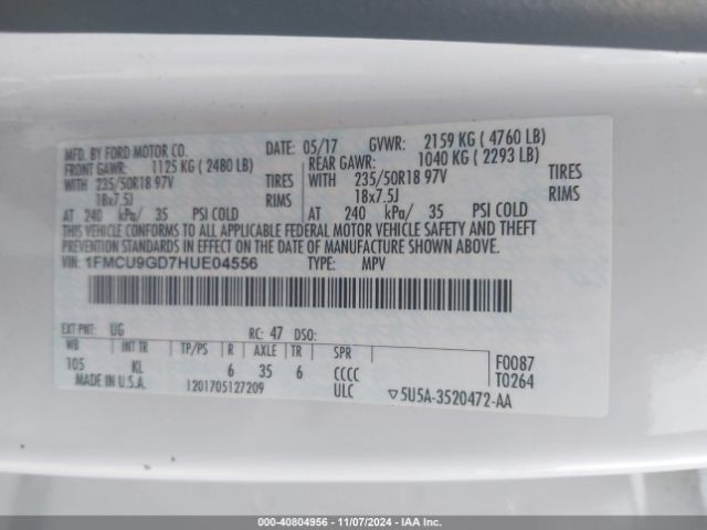 Photo 8 VIN: 1FMCU9GD7HUE04556 - FORD ESCAPE 