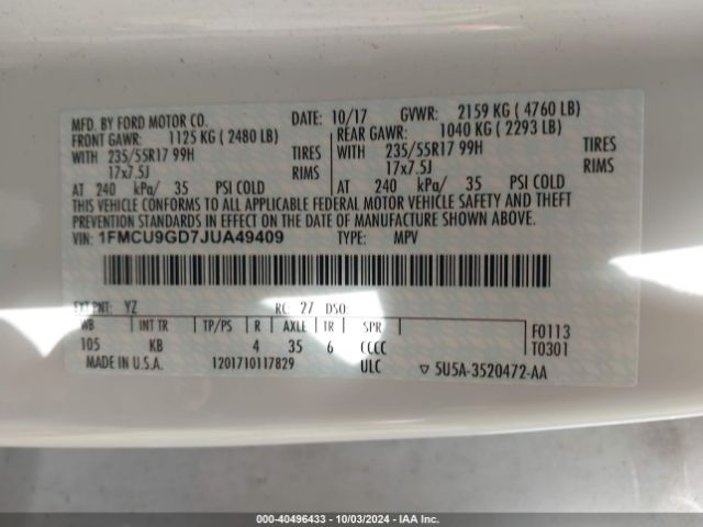 Photo 8 VIN: 1FMCU9GD7JUA49409 - FORD ESCAPE 