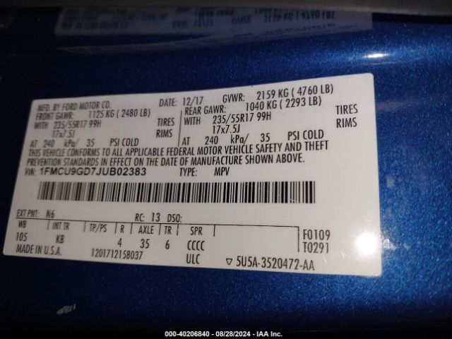 Photo 8 VIN: 1FMCU9GD7JUB02383 - FORD ESCAPE 