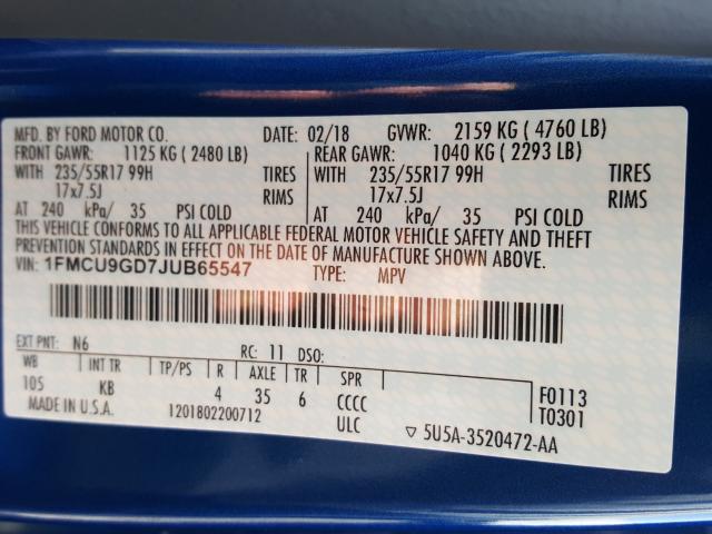 Photo 9 VIN: 1FMCU9GD7JUB65547 - FORD ESCAPE SE 