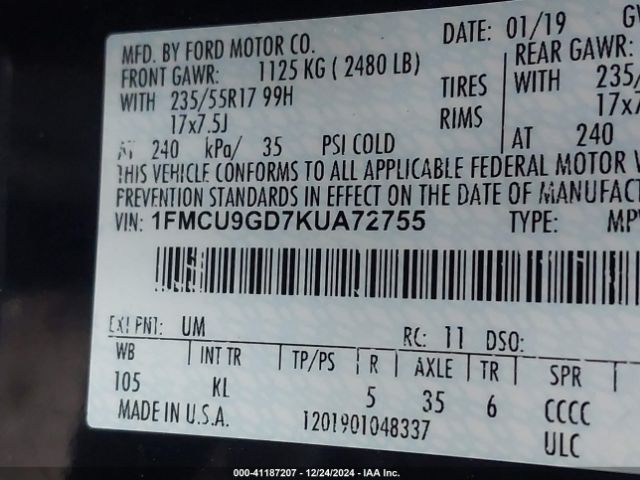 Photo 8 VIN: 1FMCU9GD7KUA72755 - FORD ESCAPE 