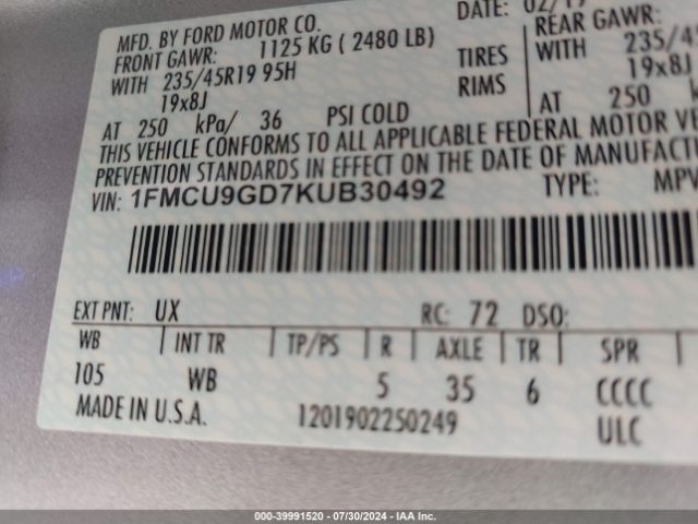 Photo 8 VIN: 1FMCU9GD7KUB30492 - FORD ESCAPE 