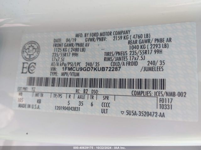 Photo 8 VIN: 1FMCU9GD7KUB72287 - FORD ESCAPE 