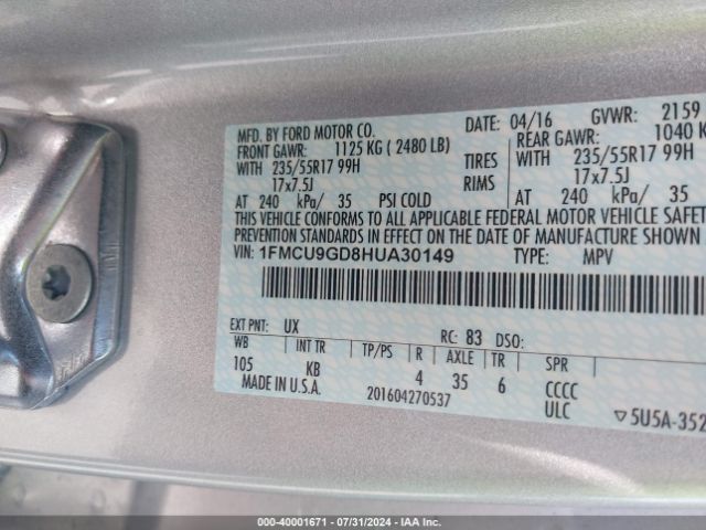 Photo 8 VIN: 1FMCU9GD8HUA30149 - FORD ESCAPE 