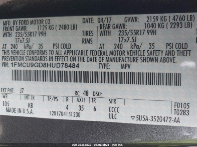 Photo 8 VIN: 1FMCU9GD8HUD78484 - FORD ESCAPE 