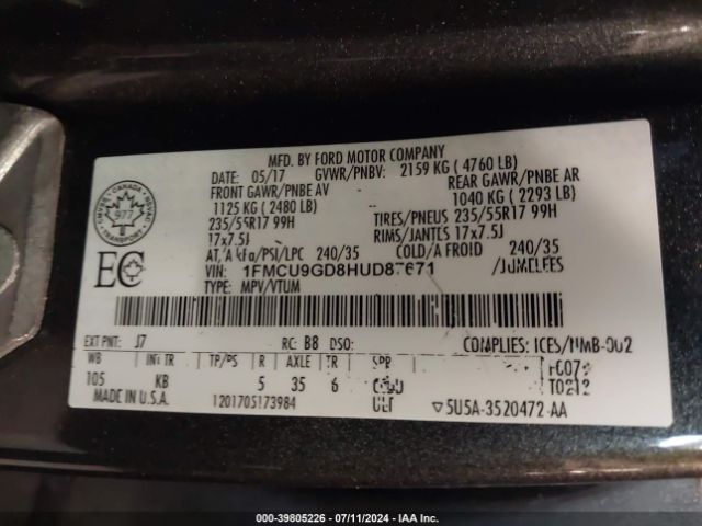 Photo 8 VIN: 1FMCU9GD8HUD87671 - FORD ESCAPE 