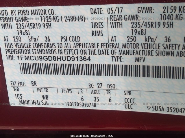 Photo 8 VIN: 1FMCU9GD8HUD91364 - FORD ESCAPE 