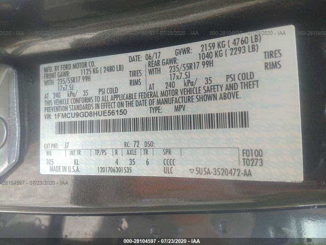 Photo 8 VIN: 1FMCU9GD8HUE56150 - FORD ESCAPE 