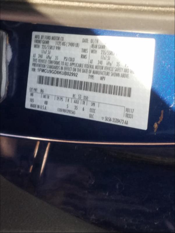 Photo 9 VIN: 1FMCU9GD8KUB02992 - FORD ESCAPE SE 