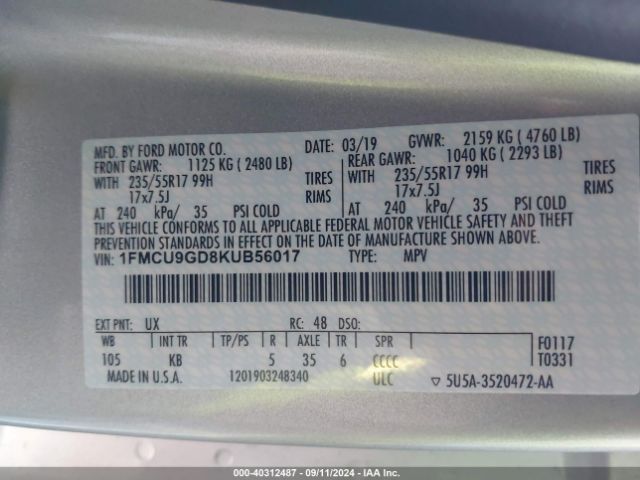 Photo 8 VIN: 1FMCU9GD8KUB56017 - FORD ESCAPE 