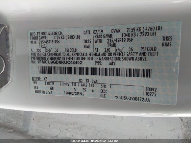 Photo 8 VIN: 1FMCU9GD8KUC43402 - FORD ESCAPE 