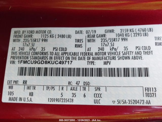 Photo 8 VIN: 1FMCU9GD8KUC49717 - FORD ESCAPE 