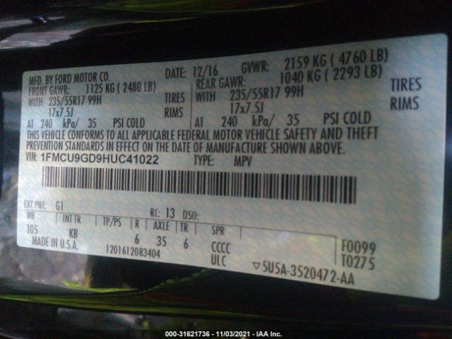 Photo 8 VIN: 1FMCU9GD9HUC41022 - FORD ESCAPE 