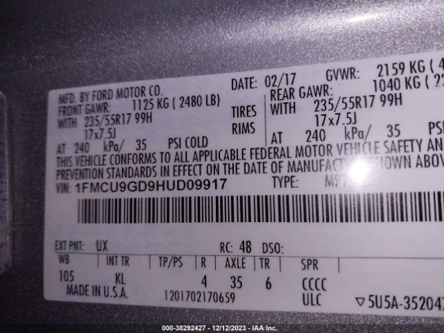 Photo 8 VIN: 1FMCU9GD9HUD09917 - FORD ESCAPE 