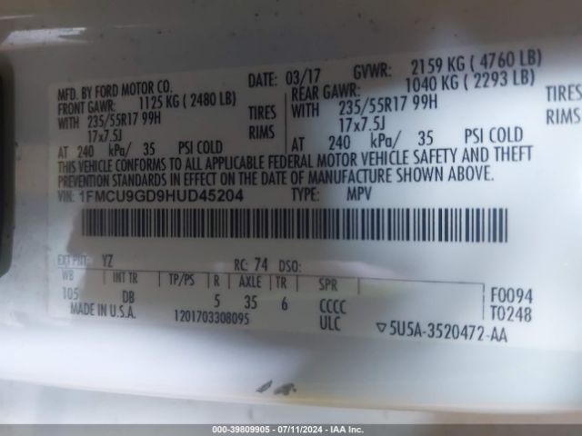 Photo 8 VIN: 1FMCU9GD9HUD45204 - FORD ESCAPE 