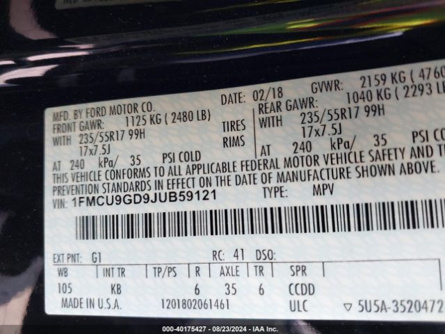 Photo 8 VIN: 1FMCU9GD9JUB59121 - FORD ESCAPE 