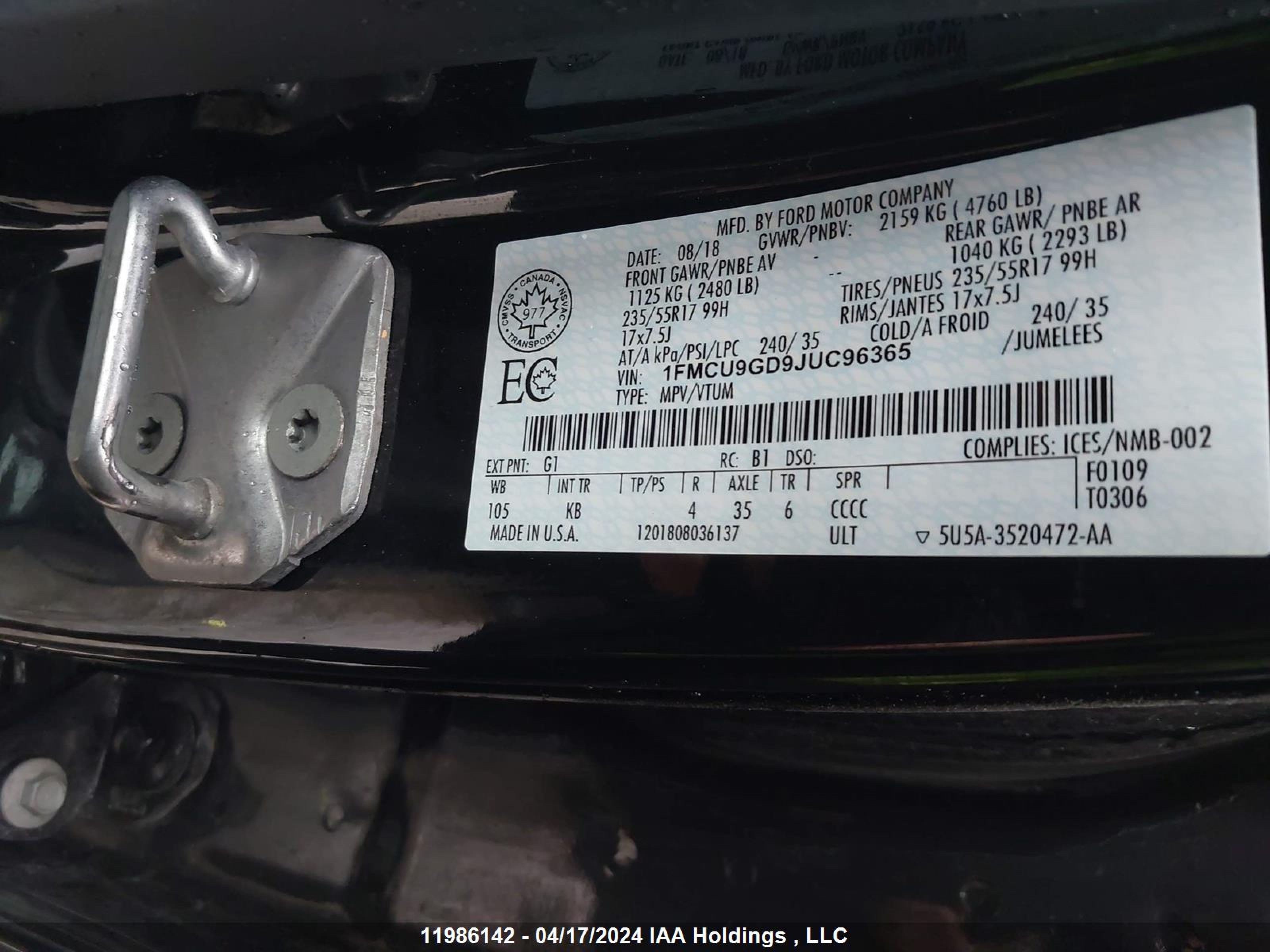 Photo 8 VIN: 1FMCU9GD9JUC96365 - FORD ESCAPE 