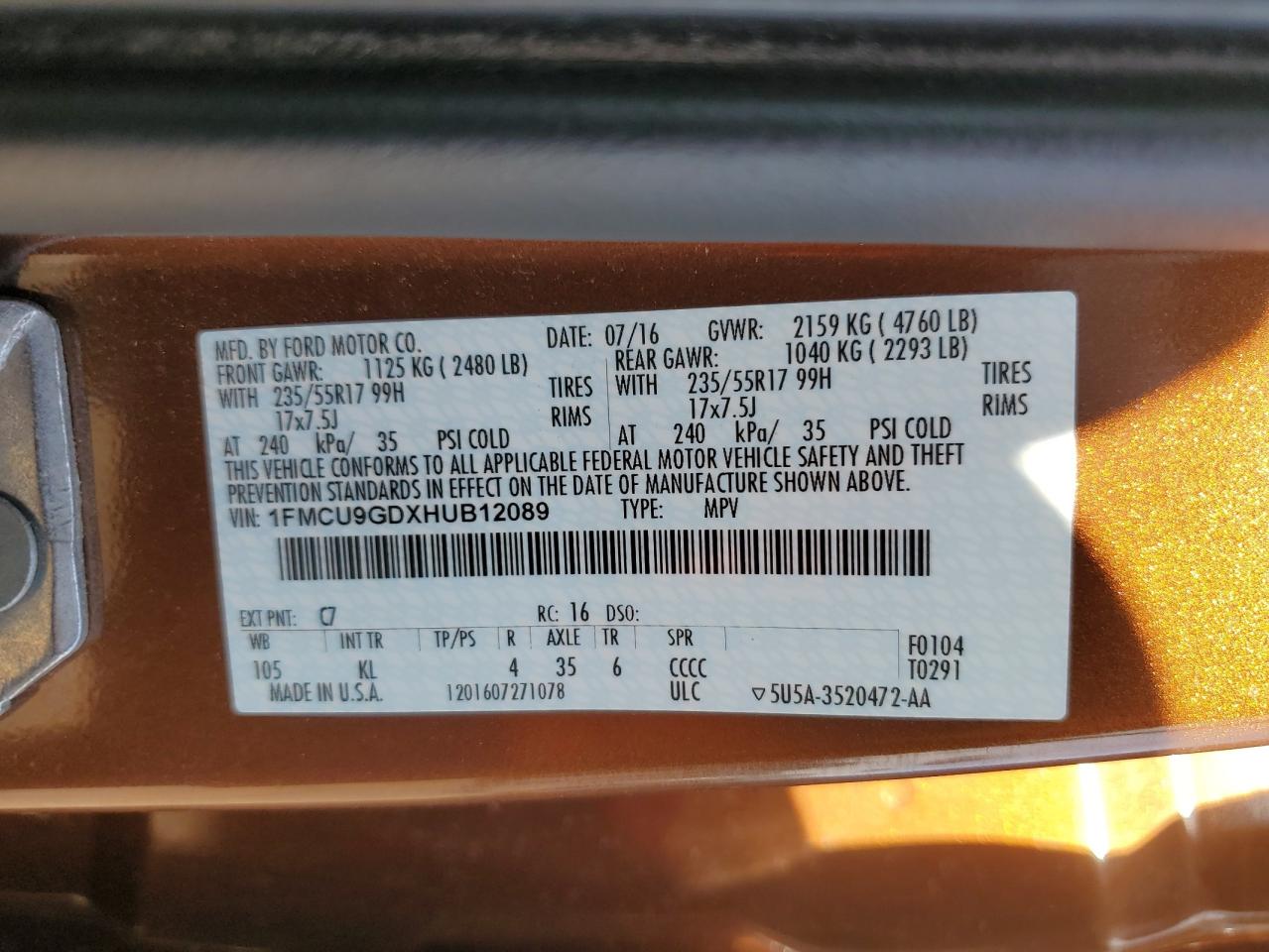 Photo 11 VIN: 1FMCU9GDXHUB12089 - FORD ESCAPE SE 