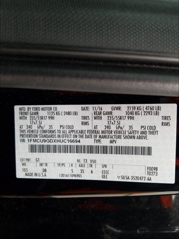 Photo 9 VIN: 1FMCU9GDXHUC16694 - FORD ESCAPE SE 