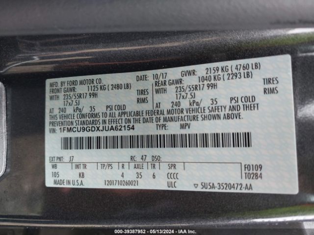 Photo 8 VIN: 1FMCU9GDXJUA62154 - FORD ESCAPE 