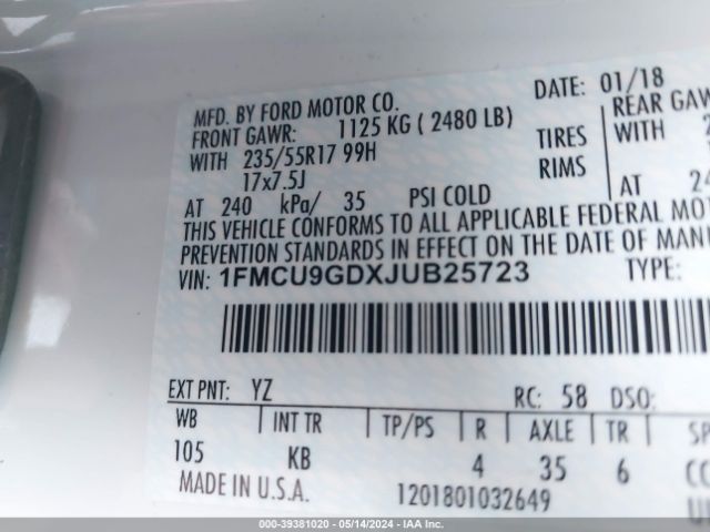 Photo 8 VIN: 1FMCU9GDXJUB25723 - FORD ESCAPE 