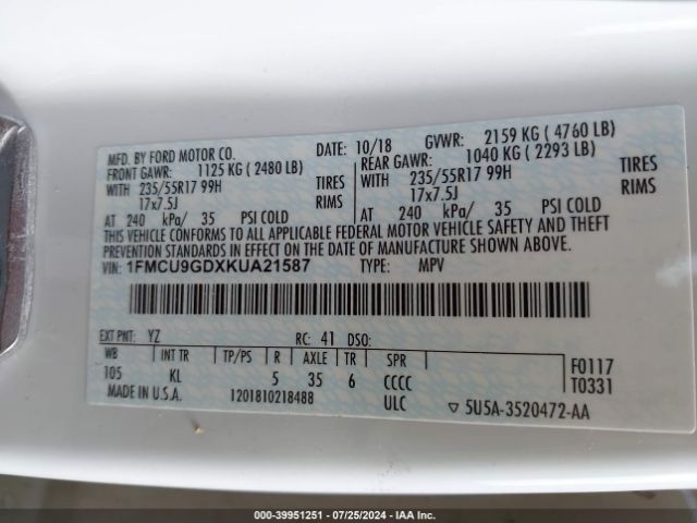 Photo 8 VIN: 1FMCU9GDXKUA21587 - FORD ESCAPE 