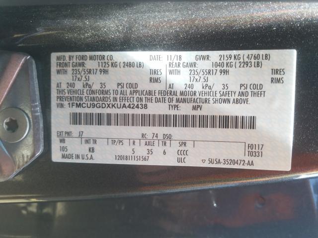 Photo 9 VIN: 1FMCU9GDXKUA42438 - FORD ESCAPE SE 