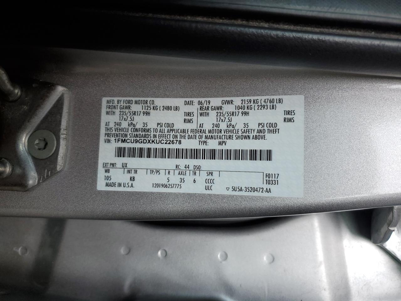 Photo 12 VIN: 1FMCU9GDXKUC22678 - FORD ESCAPE 