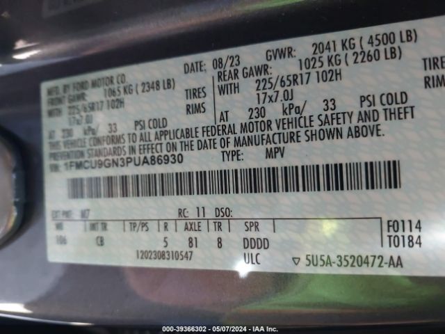 Photo 8 VIN: 1FMCU9GN3PUA86930 - FORD ESCAPE 