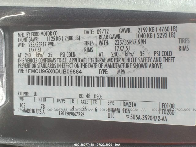 Photo 8 VIN: 1FMCU9GX0DUB09884 - FORD ESCAPE 